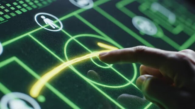 Hand interacts with digital touchscreen displaying green graphics and icons, illustrating a sequence of actions on a futuristic interface in a tech environment