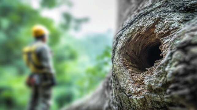 Close-up of tree trunk cavity with blurred arborist in safety helmet assessing tree risk in forest setting, conveying hazard inspection and structural decay evaluation.