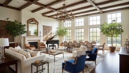 Naklejka premium Luxurious grand living room with high ceilings and wood beams, elegant open concept interior with grand piano and dining area, bright upscale home design