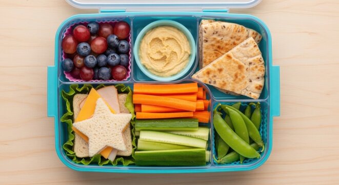 A teal lunchbox with assorted healthy food including fruits, vegetables, sandwich, hummus, and pita.