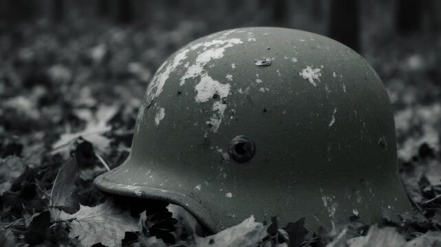 Close-up of a weathered military helmet on the ground. Detailed view of a discarded war relic among forest leaves. Historical world war artifact