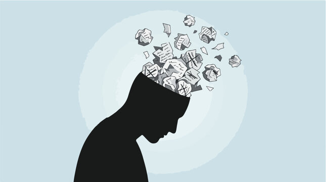Illustration of a silhouette of a person with crumpled papers and torn documents exploding from their head representing mental overload or creative block