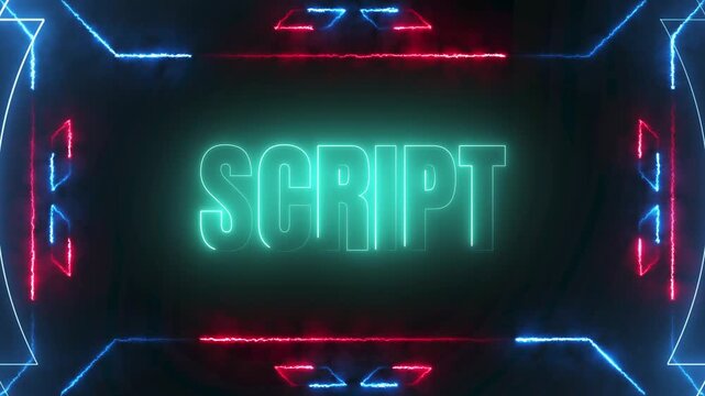 Script text neon sign hud frame background glowing red blue orange yellow green bright light coding concept 4k video