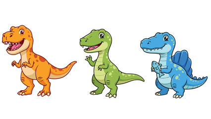 Fototapeta premium Cheerful Cartoon Dinosaur Trio: Orange T-Rex, Green Dino, Blue Spinosaurus with Fish Illustration