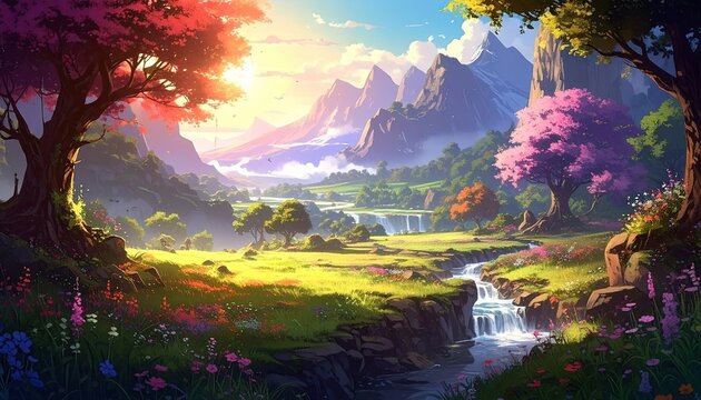 Lush landscape painting of vibrant trees a flowing river and majestic mountains under a bright sky ideal for scenic beauty and nature themes