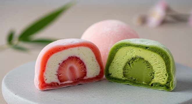 Two halves of colorful mochi ice cream on a white plate with green leaf and pink flowers.
