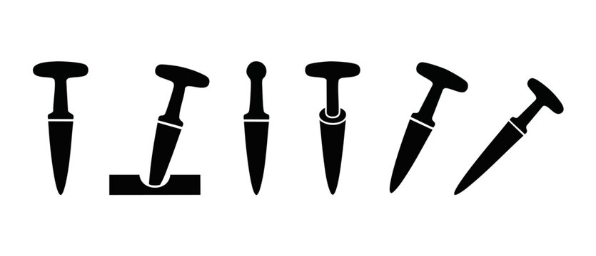Dibber Garden Tool Icon Set, Planting and Seedling Dibble Vector Silhouettes for Agriculture and Gardening, Manual Soil Hole Puncher Collection for Vegetable Growing, Isolated Flat Design Graphics