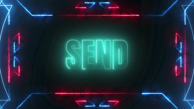 Send text neon sign hud frame background glowing red blue orange yellow green bright light communication concept 4k video
