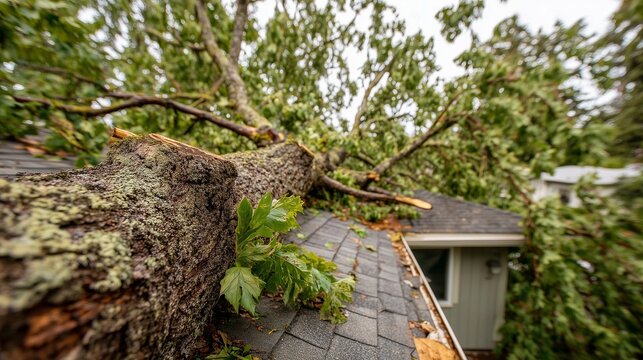 Large fallen tree on roof with broken shingles and ladder indicating tree risk assessment and emergency roof repair.