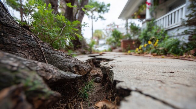 Close view of tree root lifting concrete sidewalk showing root hazard and potential tree risk assessment near house.