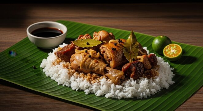 Delicious Filipino style chicken adobo with steamed rice on a banana leaf plate with sauce.