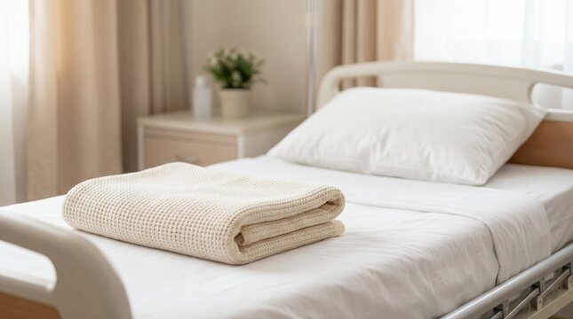 A clean and inviting hospital bed with fresh bedding, a blanket, and a pillow. A small plant adds a touch of freshness to the space