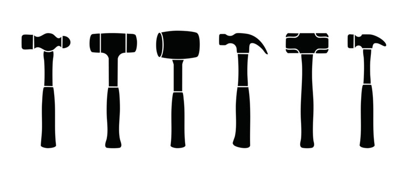 Hammer icon set silhouette collection for construction and repair tools. Vector illustration of various manual hammers including claw, mallet, ball peen, and sledgehammer isolated on white background.