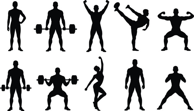 Fitness and bodybuilding silhouettes set with weightlifting martial arts and strength poses isolated on white background for sports concepts