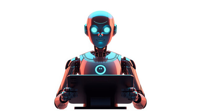 futuristic robot cashier with glowing eyes isolated on transparent background