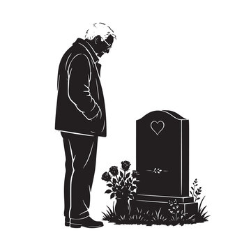 Silhouette of a senior man mourning at a grave with a heart symbol. Elderly man standing in grief by a headstone with roses in a cemetery. Vector illustration of loss, memory, and eternal love.