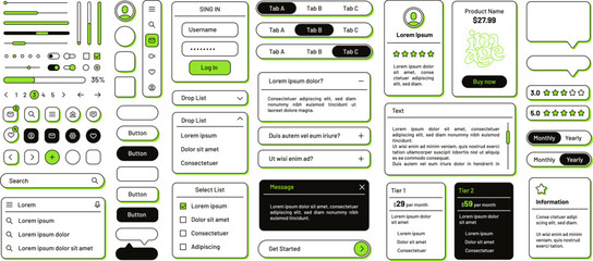 Naklejka premium Minimalist flat outline web UI elements, buttons, sliders and icons. Funky line interface panels with accent color drop shadow for mobile app or website, web forms and search bar templates vector set