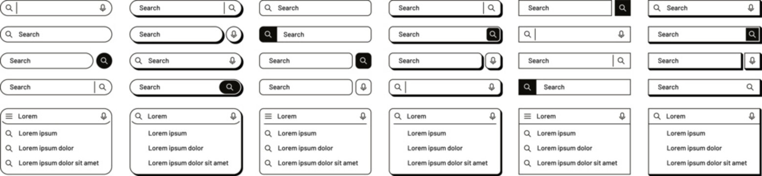 Modern minimalist flat outline search bar with dropdown suggestions. Simple line search window templates with voice search buttons for mobile app or website design, web browser UI element vector set