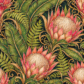 Luxury seamless pattern with pink protea flowers and lush tropical greenery banana leaves and ferns. Elegant botanical design with golden baroque scrolls on a dark background.