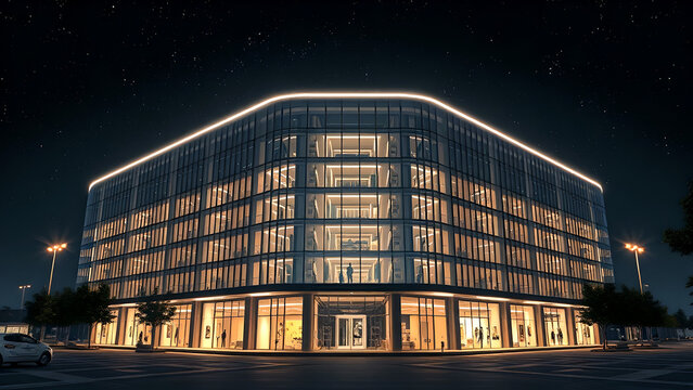 Futuristic Smart City Command Center Exterior at Night &ndash; Advanced Corporate Headquarters for Next-Generation Research and Development