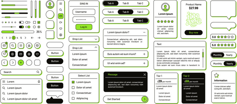 Minimalist flat outline web UI elements, buttons, sliders and icons. Funky line interface panels with accent color drop shadow for mobile app or website, web forms and search bar templates vector set