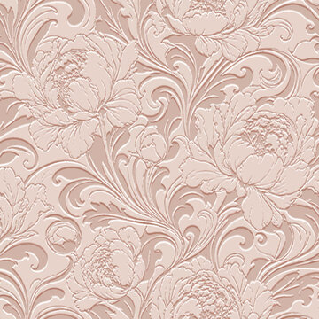 Vintage 3D embossed seamless pattern with relief lush peony flowers and Art Nouveau scrolls. Dusty rose texture with embossing effect, perfect for luxury wallpaper and sophisticated interior decor.