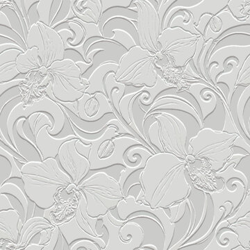 Elegant 3D embossed seamless pattern with surface orchid flowers and flowing scrolls. White light gray emboss texture with realistic relief effect for luxury interiors and wallpaper. Endless texture.