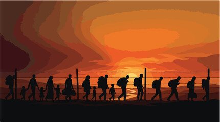 Fototapeta premium Silhouette of a group of refugees with backpacks walking towards a dramatic sunset over a barbed wire fence symbolizing migration and displacement