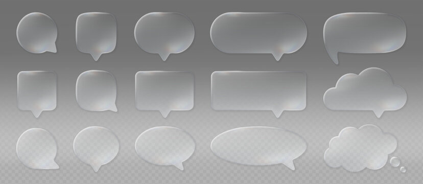 3D liquid glass speech bubbles with soft refraction effect, transparent chat balloons in various shapes. Realistic glass cloud bubble, blank dialog balloon, modern glassmorphism UI elements vector set