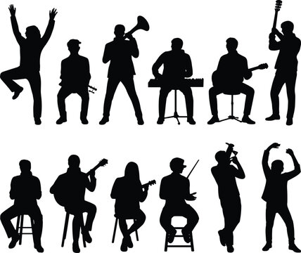 Music band silhouettes set with musicians playing instruments and performing poses isolated on white background for entertainment concepts