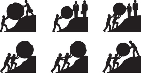 Black Solid Lower Management Pushing Boulder Silhouettes Set of Six on White Background © ShahvezGrhi 