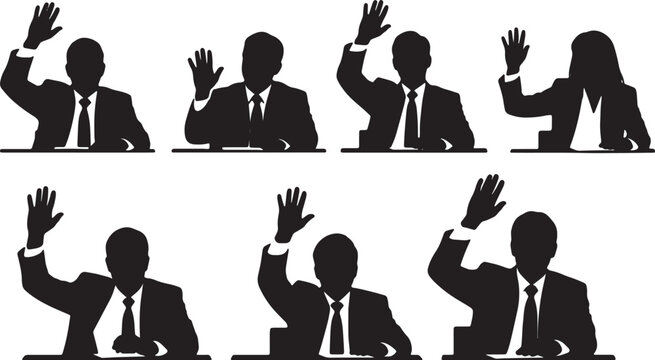 Black Solid Lower Level Staff Raising Hands Silhouettes Set of Six on White Background