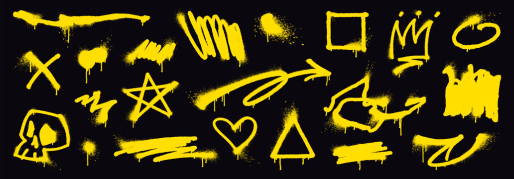 Hand drawn graffiti doodles with overspray, messy spray paint lines with drips and splatters. Yellow spray paint skull, heart and star doodle, grunge ink arrows, urban street art elements vector set