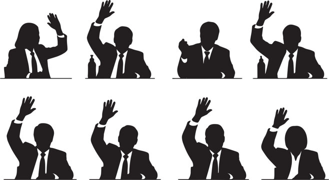 Black Solid Lower Level Staff Raising Hands Silhouettes Set of Six on White Background
