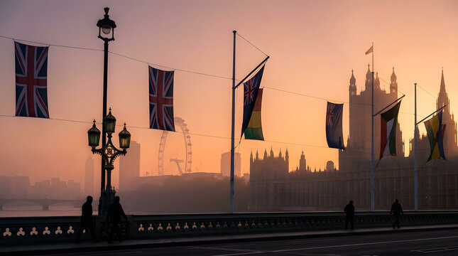 A foggy sunrise over London with the Houses of Parliament and the London Eye visible through the mist, Union Jack flags fluttering