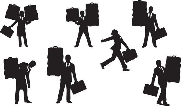 Black Solid Lowly Assistant Carrying Briefcases Silhouettes Set of Six on White Background