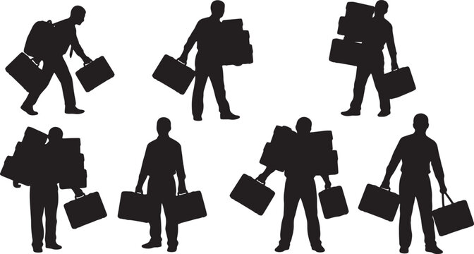 Black Solid Lowly Assistant Carrying Briefcases Silhouettes Set of Six on White Background
