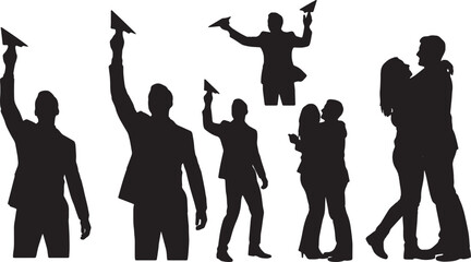 Obraz premium Black Solid Marketing Staff Throwing Paper Airplane Silhouettes Set of Six on White Background