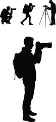Naklejka premium Photographer silhouettes set with camera and tripod isolated on white background for photography and media production concepts