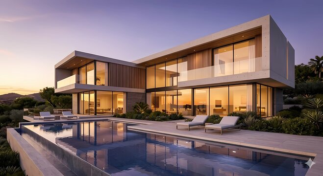 Mansion moderna con piscina infinita al atardecer