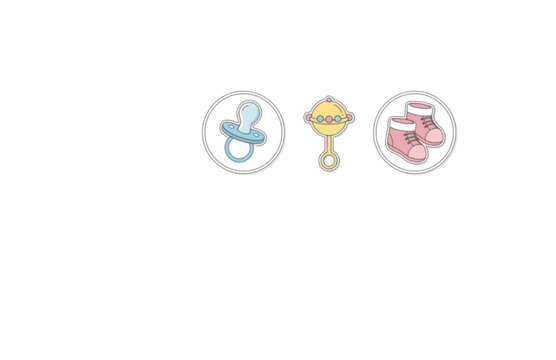 Cute Baby Shower Icon Sticker Set. Flat Vector Minimalist Pacifier, Rattle, and Bootie Symbols for Newborn.