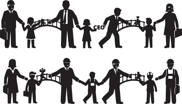 Black Solid Middle Manager Bridge Silhouettes Set of Six on White Background
