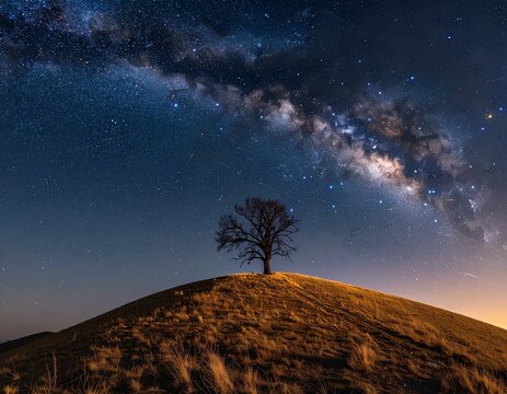 Beautiful starry sky with bright milky way galaxy. Night landscape. Dry tree on the hill on the starry sky backround.