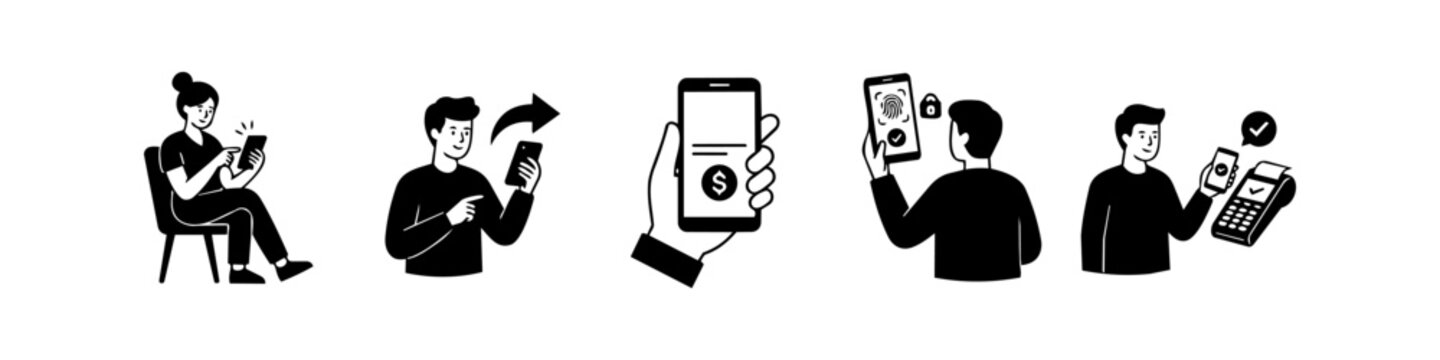 Set of vector icons showing people using smartphones for mobile banking, sending money, biometric security, and contactless payments. Modern flat black and white illustrations of fintech concepts.