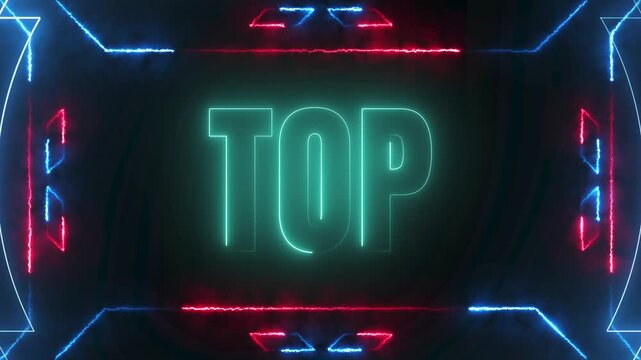 Glowing TOP neon text typography with futuristic borders and vibrant colorful lighting on a dark flint stone surface, 4k video
