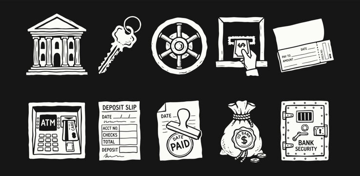 Vintage Banking Security Icons and Financial Service Symbols in Sketch Style