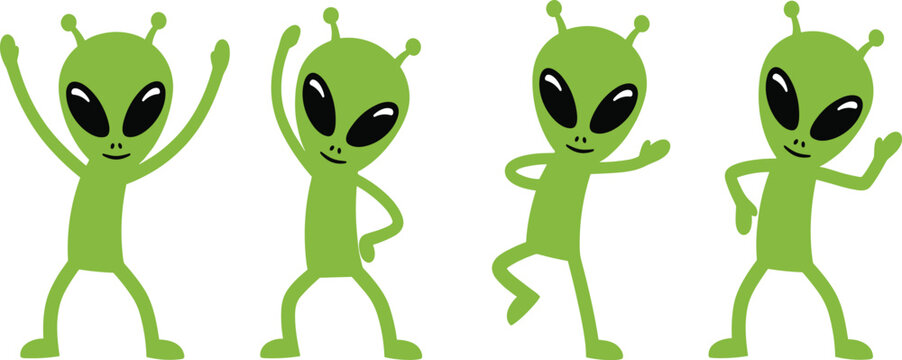 Green Alien Character Vector Set Featuring Various Poses and Dance Moves for Digital Design.