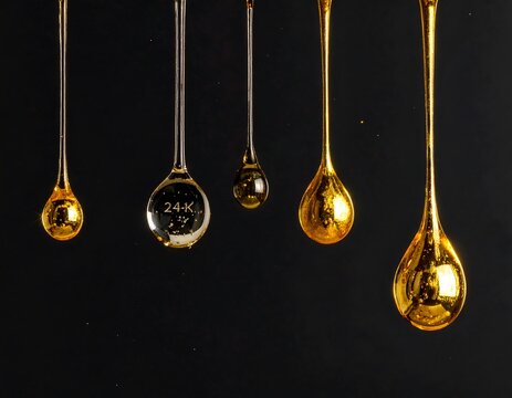 Viscous molten 24k gold droplets stretching while falling, luxury liquid gold motion isolated on black