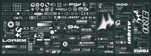 Retro futuristic industrial labels, packaging and warning symbols, fake logos, dystopian sci-fi elements. Cyberpunk decals, technical labels, product package tags, brutalism tech stickers vector set