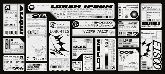Retro futuristic industrial labels, cyberpunk aesthetics decals. Fake product sticker, cargo label, packaging tags with barcodes and technical symbols, brutalism sci-fi tech stickers vector set